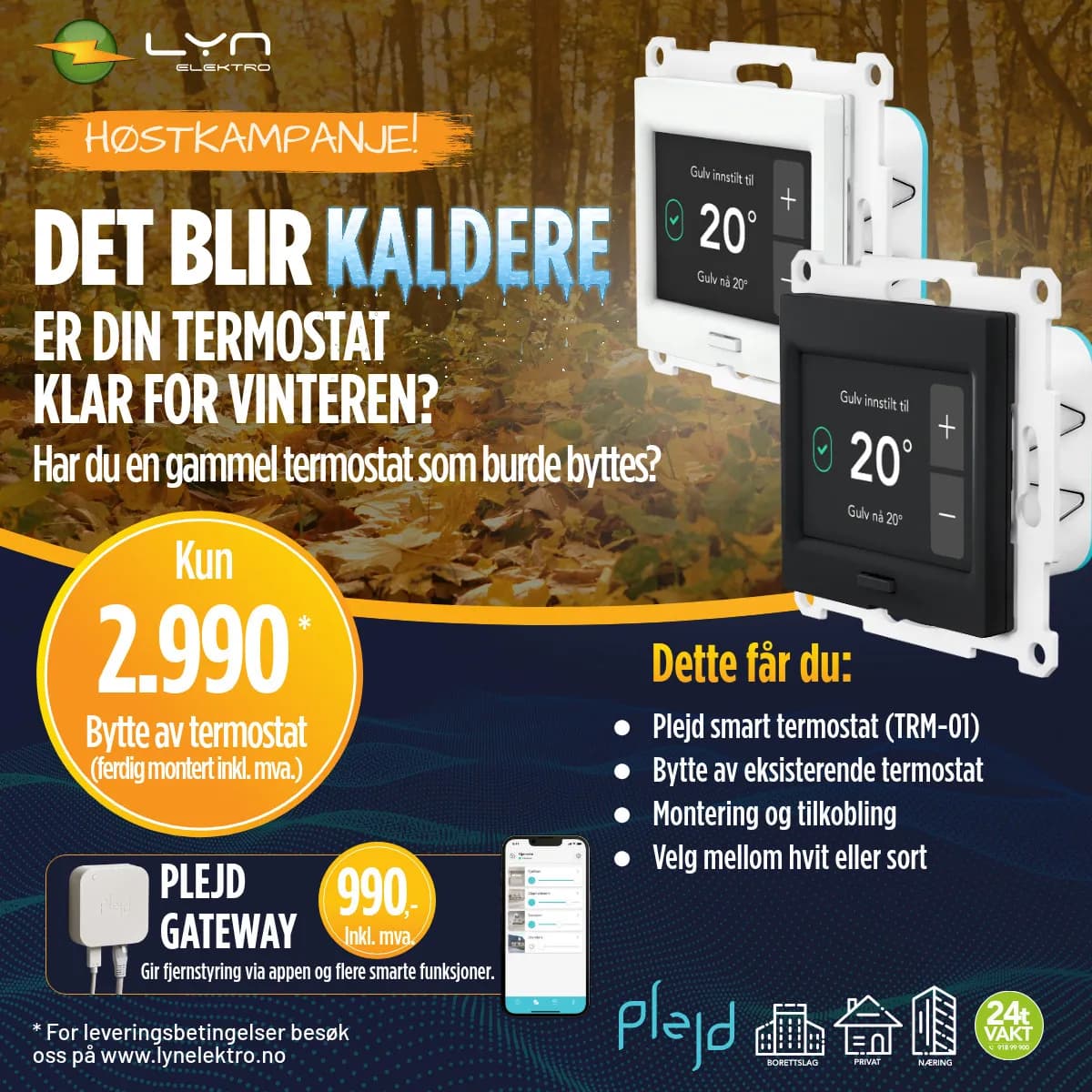 Kampanjebilde: Plejd smart termostat, ferdig montert, kr 2 990