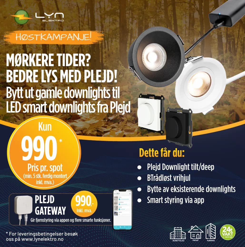 Kampanjebilde: smarte LED-downlights fra Plejd, kr 990 per stk.